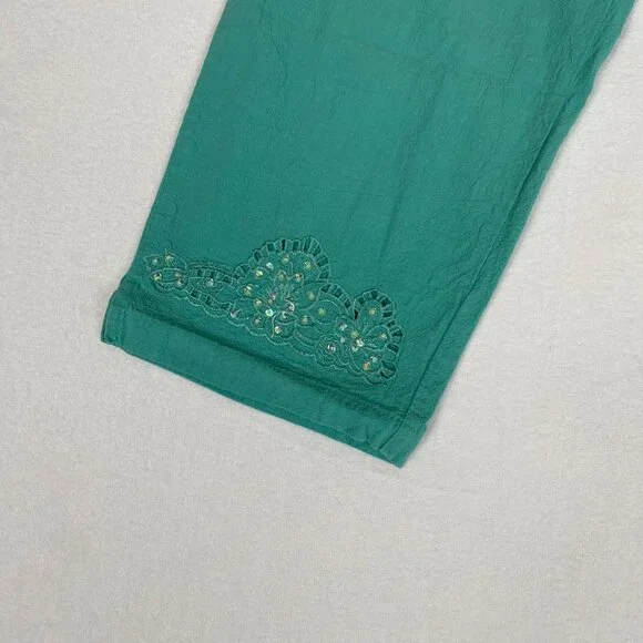 Vintage Jane Ashley Cotton Embroidered Rhinestone Floral Stretch Cropped Pants - Picture 5 of 8